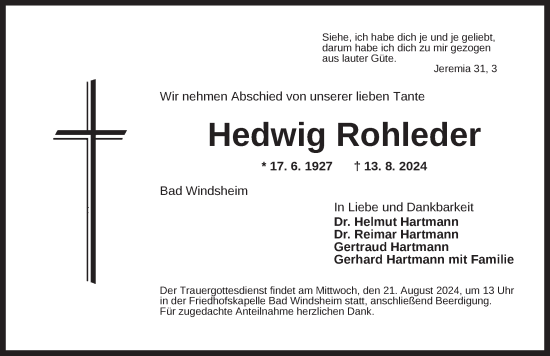 Traueranzeige von Hedwig Rohleder von Neustadt/ Scheinfeld/ Uffenheim