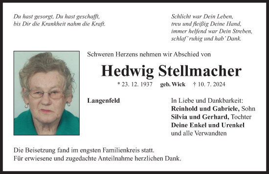 Traueranzeige von Hedwig Stellmacher von Neustadt/ Scheinfeld/ Uffenheim