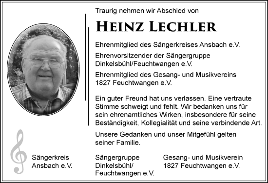 Traueranzeige von Heinz Lechler von Dinkelsbühl/ Feuchtwangen