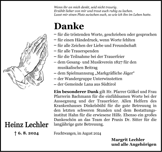 Traueranzeige von Heinz Lechler von Dinkelsbühl/ Feuchtwangen