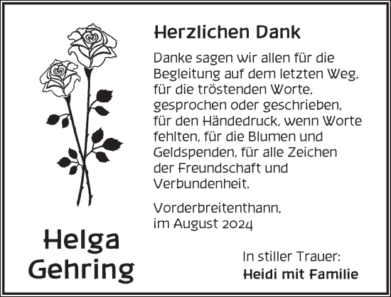 Traueranzeige von Helga Gehring von Dinkelsbühl/ Feuchtwangen