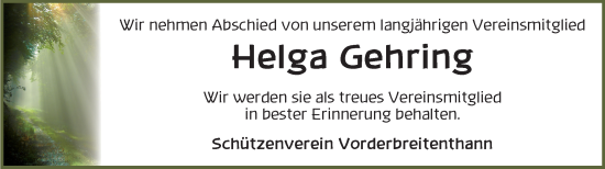 Traueranzeige von Helga Gehring von Dinkelsbühl/ Feuchtwangen