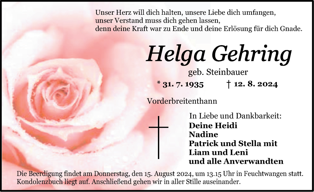  Traueranzeige für Helga Gehring vom 14.08.2024 aus Dinkelsbühl/ Feuchtwangen