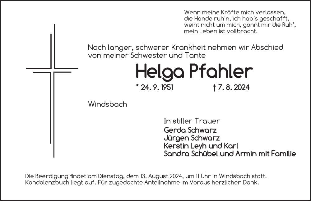  Traueranzeige für Helga Pfahler vom 10.08.2024 aus Ansbach