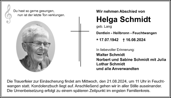 Traueranzeige von Helga Schmidt von Dinkelsbühl/ Feuchtwangen