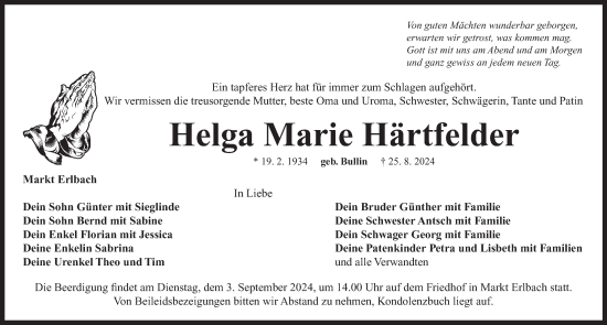 Traueranzeige von Helga Marie Härtfelder von Neustadt/ Scheinfeld/ Uffenheim