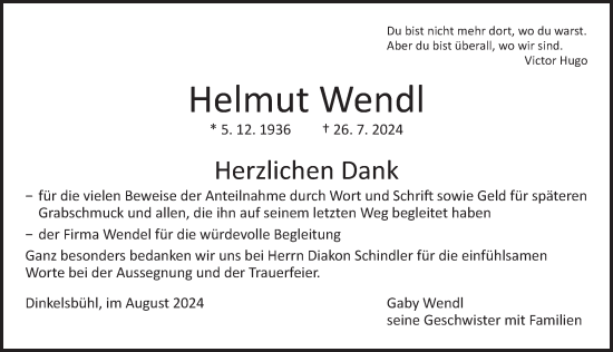 Traueranzeige von Helmut Wendl von Dinkelsbühl/ Feuchtwangen