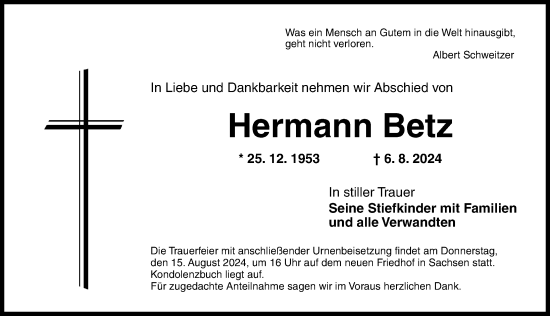 Traueranzeige von Hermann Betz von Ansbach