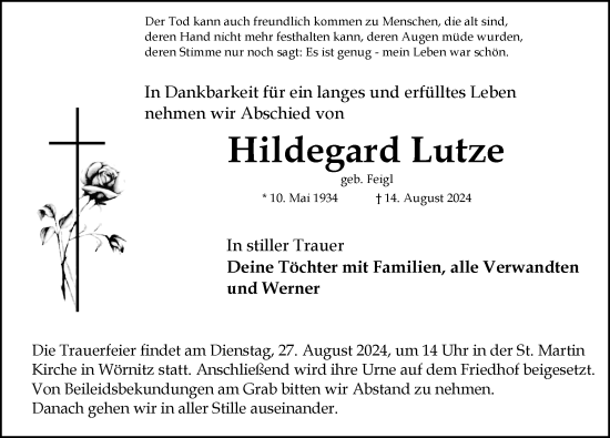 Traueranzeige von Hildegard Lutze von Rothenburg