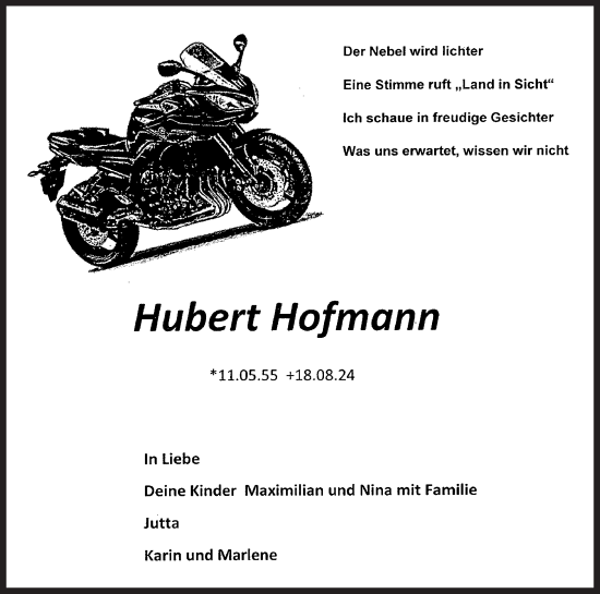 Traueranzeige von Hubert Hofmann von Neustadt/ Scheinfeld/ Uffenheim