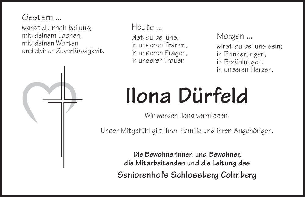  Traueranzeige für Ilona Dürfeld vom 03.08.2024 aus Ansbach