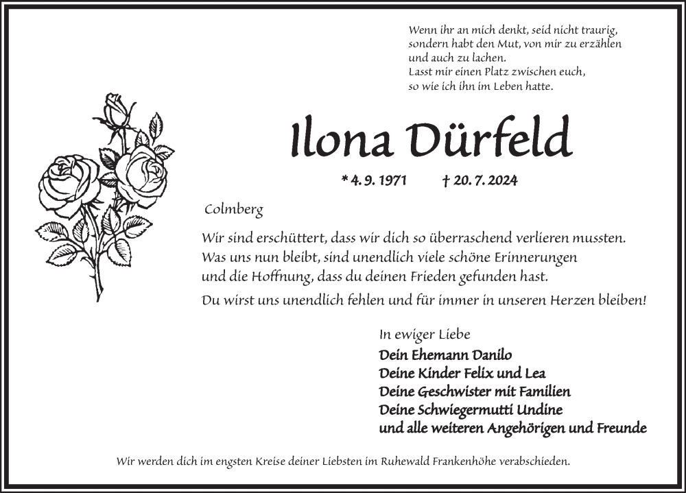  Traueranzeige für Ilona Dürfeld vom 27.07.2024 aus Ansbach