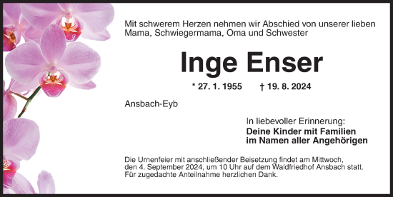 Traueranzeige von Inge Enser von Ansbach