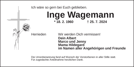 Traueranzeige von Inge Wagemann von Ansbach