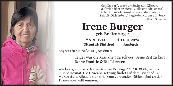 Traueranzeige von Irene Burger von Ansbach