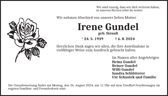 Traueranzeige von Irene Gundel von Dinkelsbühl/ Feuchtwangen