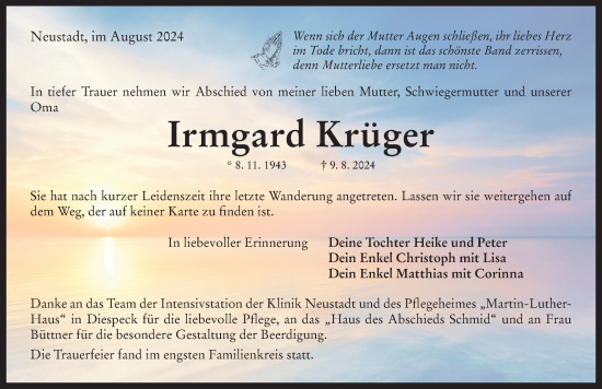 Traueranzeige von Irmgard Krüger von Neustadt/ Scheinfeld/ Uffenheim