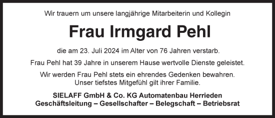 Traueranzeige von Irmgard Pehl von Ansbach