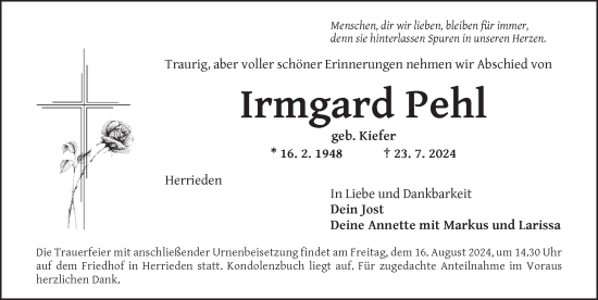 Traueranzeige von Irmgard Pehl von Ansbach