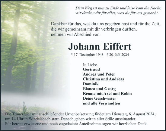 Traueranzeige von Johann Eiffert von Rothenburg