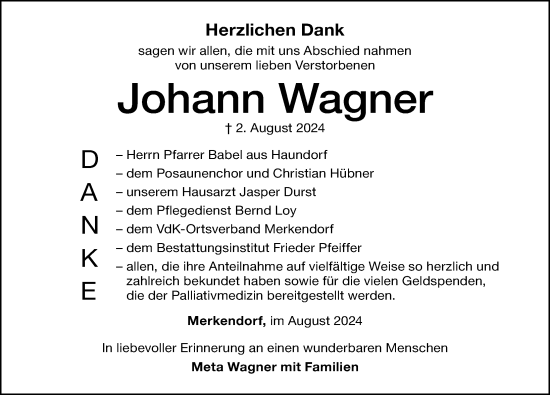 Traueranzeige von Johann Wagner von Ansbach