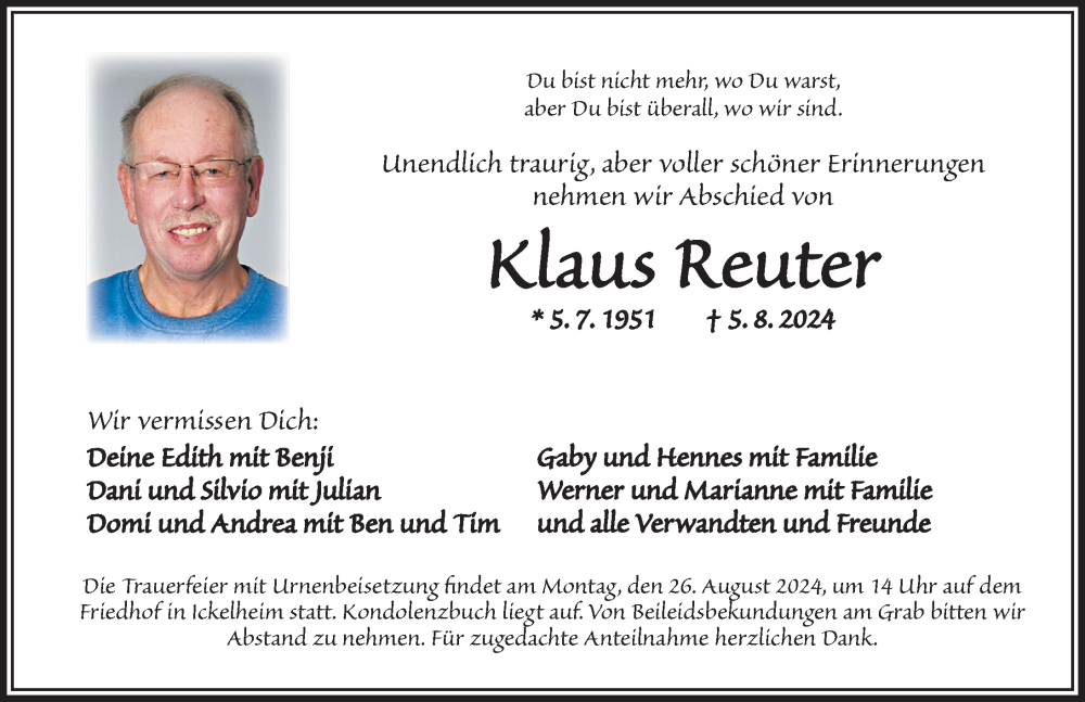  Traueranzeige für Klaus Reuter vom 23.08.2024 aus Neustadt/ Scheinfeld/ Uffenheim