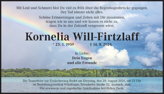 Traueranzeige von Kornelia Will-Firtzlaff von Ansbach