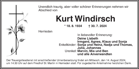 Traueranzeige von Kurt Windirsch von Ansbach