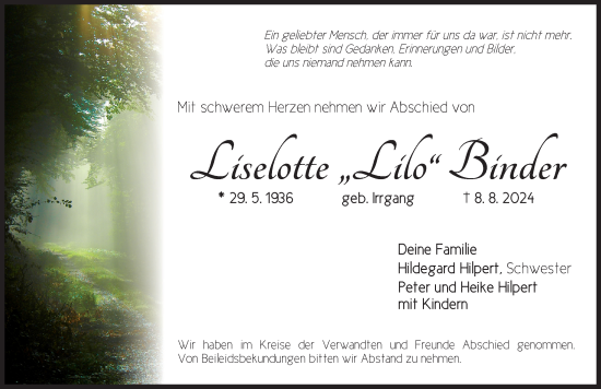 Traueranzeige von Liselotte Binder von Dinkelsbühl/ Feuchtwangen