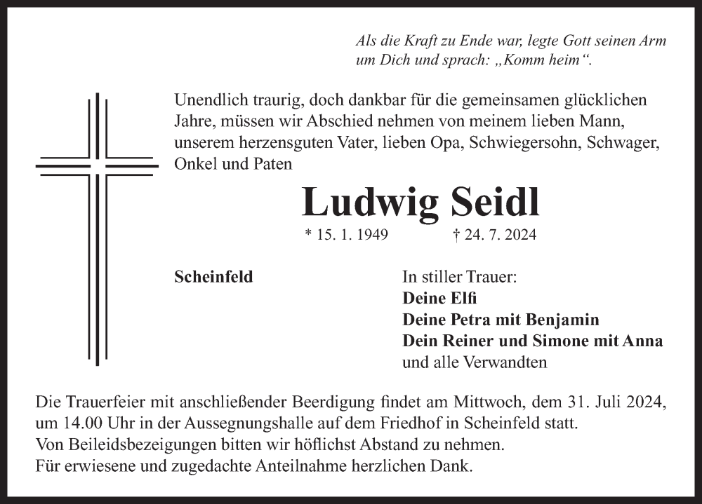  Traueranzeige für Ludwig Seidl vom 27.07.2024 aus Neustadt/ Scheinfeld/ Uffenheim