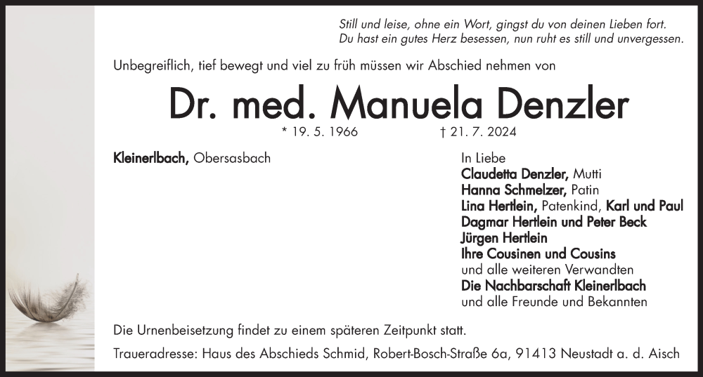  Traueranzeige für Manuela Denzler vom 27.07.2024 aus Neustadt/ Scheinfeld/ Uffenheim