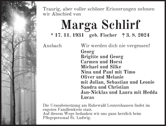 Traueranzeige von Marga Schild von Ansbach