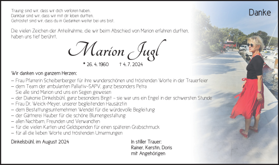 Traueranzeige von Marion Jugl von Dinkelsbühl/ Feuchtwangen