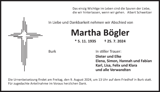 Traueranzeige von Martha Bögler von Dinkelsbühl/ Feuchtwangen