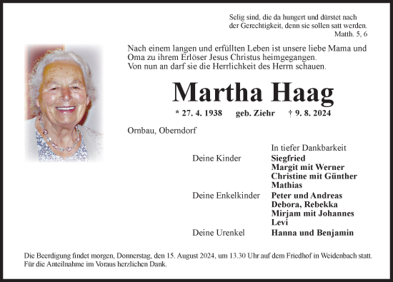 Traueranzeige von Martha Haag von Ansbach