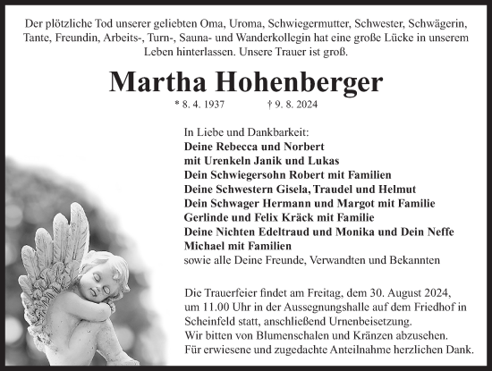 Traueranzeige von Martha Hohenberger von Neustadt/ Scheinfeld/ Uffenheim