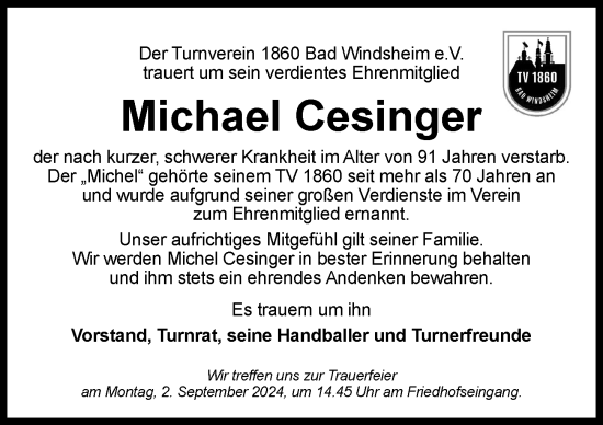 Traueranzeige von Michael Cesinger von Neustadt/ Scheinfeld/ Uffenheim