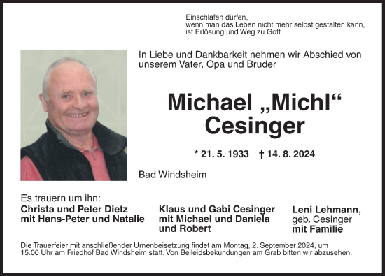 Traueranzeige von Michael Cesinger von Neustadt/ Scheinfeld/ Uffenheim