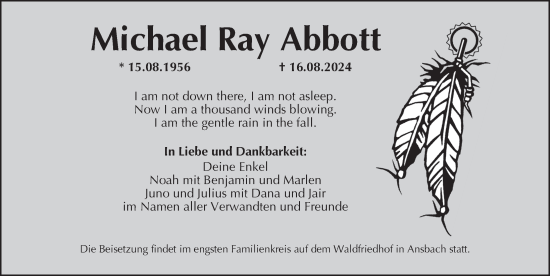 Traueranzeige von Michael Ray Abbott von Ansbach