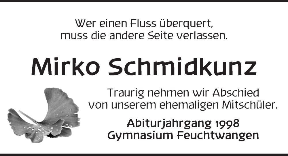  Traueranzeige für Mirko Schmidkunz vom 05.08.2024 aus Dinkelsbühl/ Feuchtwangen