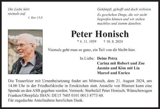 Traueranzeige von Peter Honisch von Neustadt/ Scheinfeld/ Uffenheim