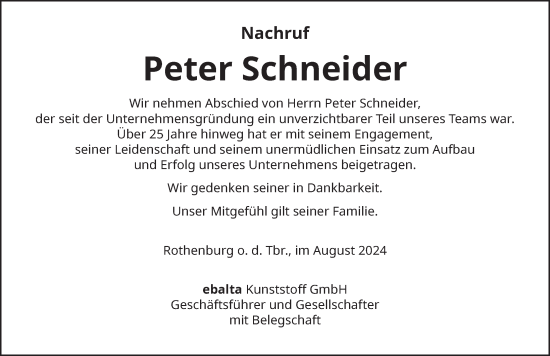 Traueranzeige von Peter Schneider von Rothenburg