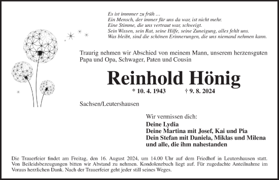 Traueranzeige von Reinhold Hönig von Ansbach