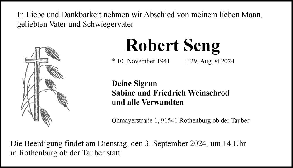  Traueranzeige für Robert Seng vom 31.08.2024 aus Rothenburg