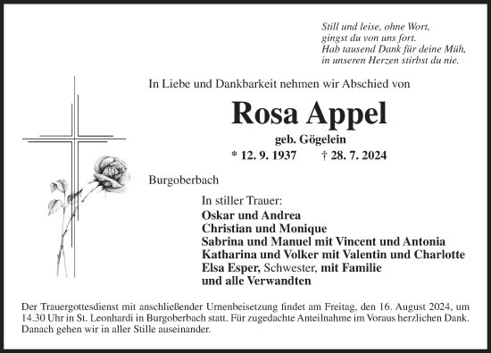 Traueranzeige von Rosa Appel von Ansbach