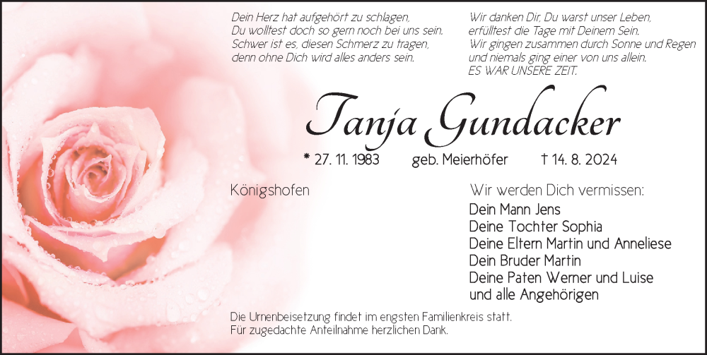  Traueranzeige für Tanja Gundacker vom 17.08.2024 aus Ansbach