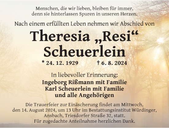 Traueranzeige von Theresia Scheuerlein von Ansbach