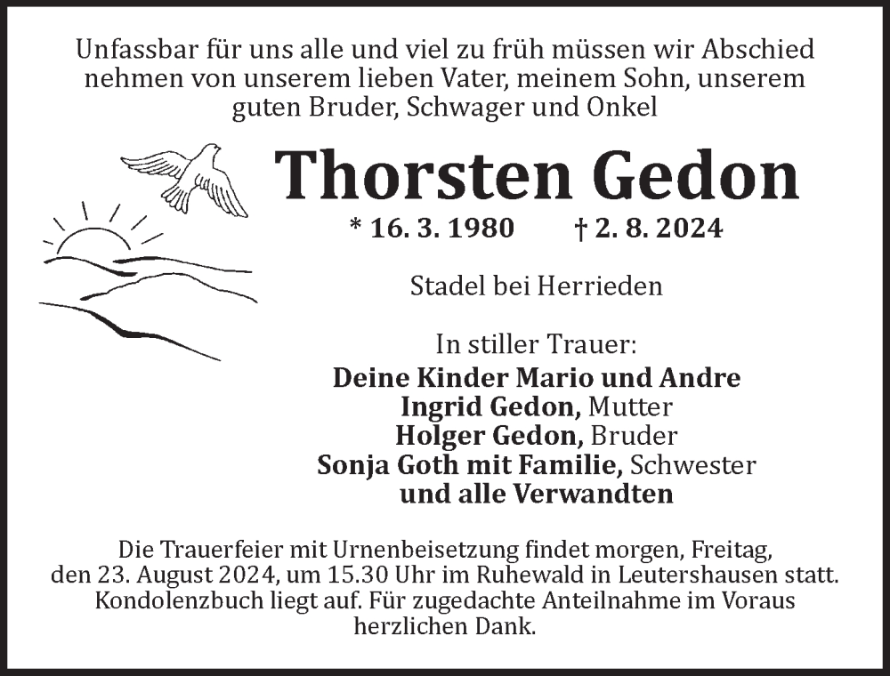  Traueranzeige für Thorsten Gedon vom 22.08.2024 aus Ansbach