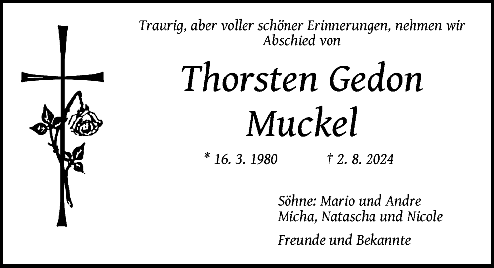  Traueranzeige für Thorsten Gedon vom 09.08.2024 aus Ansbach