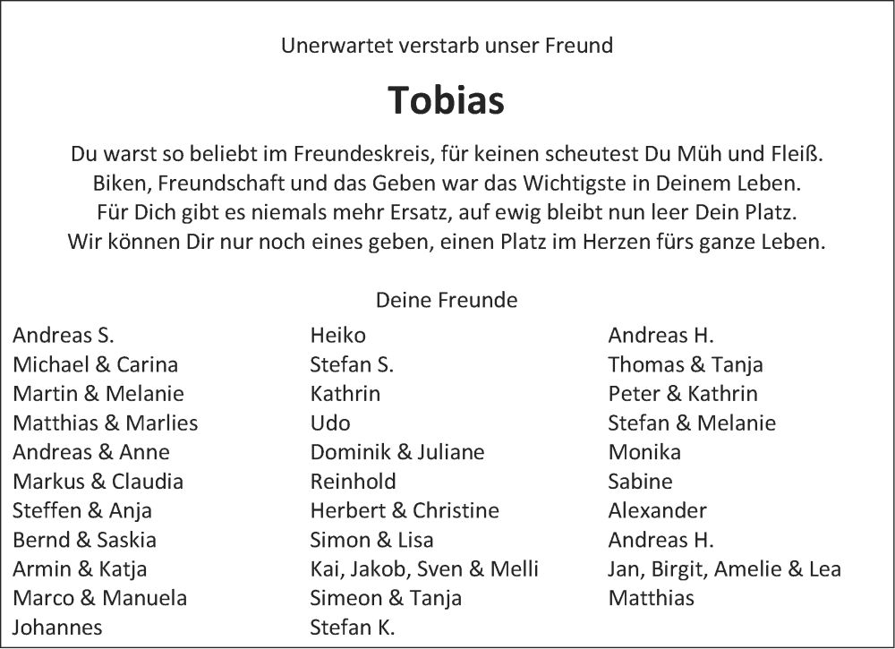  Traueranzeige für Tobias Guthmann vom 07.08.2024 aus Ansbach